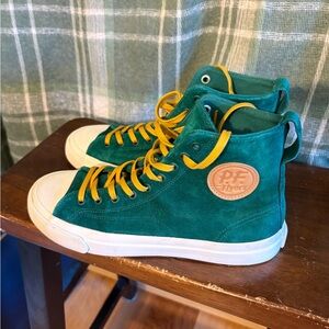 P.F. Flyers Suede Green High-Top Sneakers with Yellow Laces